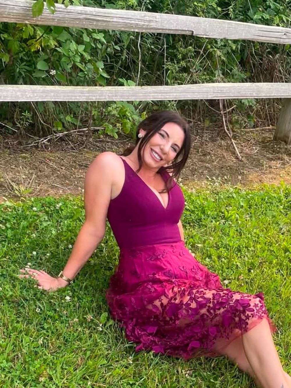 Dress the Population Magenta V-Neck Midi Dress with 3D Floral Appliqué